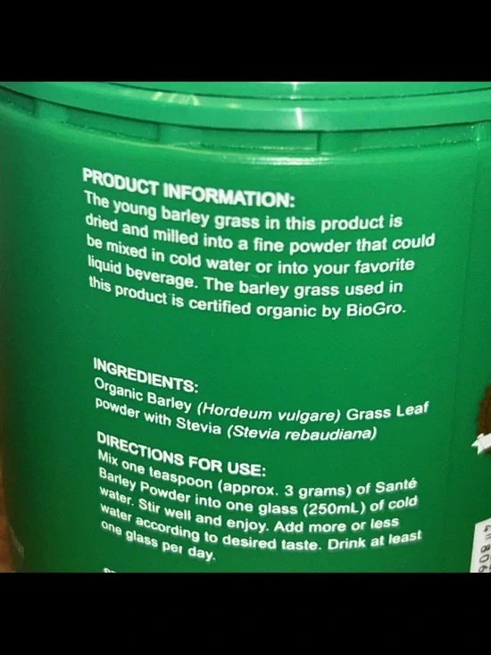 Santé Barley Powder with Stevia 200g - Certified Organic Barley Grass Exp. 2027 - Picture 5 of 11